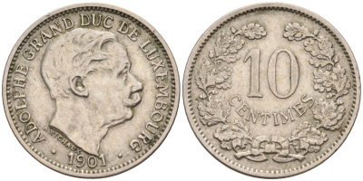 Люксембург 10 сантимов 1901 герцог Адольф (1890-1905) KM 25 медно-никель 4586-531