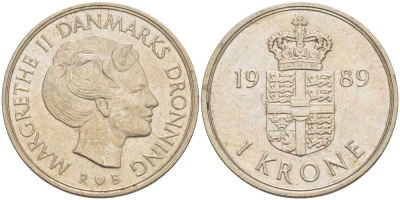 ДАНИЯ 1 КРОНА 1989 R; B, МАРГРЕТЕ II (1972-) KM 862.3 медно-никель 4390-132