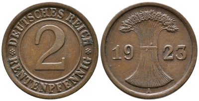 ГЕРМАНИЯ 2 РЕНТЕНПФЕННИГА 1923 A KM 31, J. 307 бронза 24-352