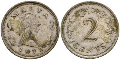 Мальта 2 цента 1972 Пентесилея, царица амазонок KM 9 медь цинк 4154-641