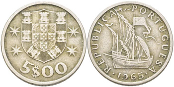 ПОРТУГАЛИЯ 5 ЭСКУДО 1965 ПАРУСНИК KM 591 медно-никель 4513-1037
