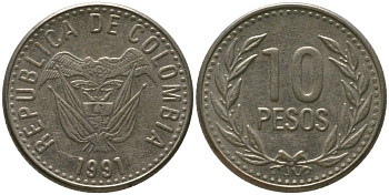 Колумбия 10 песо 1991 KM 281 никель латунь 4538-644