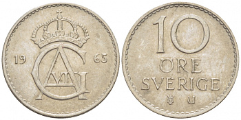 Швеция 10 эре 1965 U, Густав VI Адольф (1950-1973) KM 835 медно-никель 3996-1027