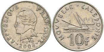 Французская Новая Каледония 10 франков 2008 рыбачья парусная лодка, (IEOM) KM 11a, Schoen 13a, Lec 99k медно-никель 60-351
