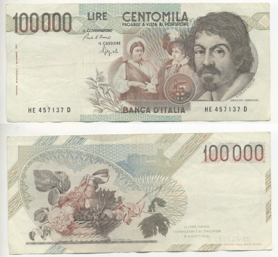 Италия 100000 лир 1983 Караваджо, фруктовый букет, подпись Speziali Pick 110b бумага 7220-19-2