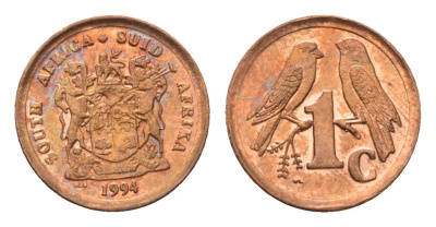 ЮАР 1 цент 1994 герб, капские воробьи KM 132 сталь плакированная медью UNC 4694-124