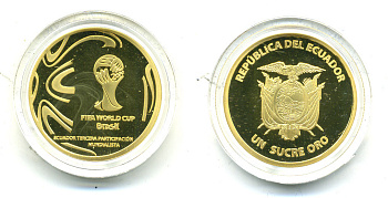 Эквадор 1 сукре 2014 чемпионат мира по футболу в Бразилии, в оригинальной коробке золото PROOF 00-00