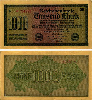 ГЕРМАНИЯ 1000 МАРОК 1922 15 СЕНТЯБРЯ 1922, ВОДЯНОЙ ЗНАК I, ЖЕЛТАЯ БУМАГА, СЕРИЯ SВ Pick 76b, Rosenberg 75d бумага 7183-62-2-1