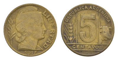 Аргентина 5 сентаво 1947 KM 40 алюминиевая бронза 4655-963