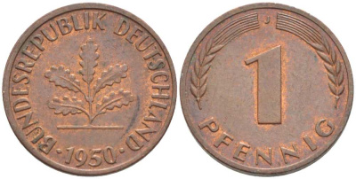ФРГ 1 ПФЕННИГ 1950 J KM 105, J. 380 сталь плакированная медью 116-345