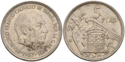 Испания 5 песет 1957 (71) Франсиско Франко (1939 - 1975) KM 786 медно-никель 4155-555