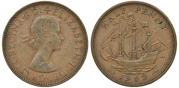 Великобритания 1/2 пенни 1962 Елизавета II (1952-2022) KM 896, Spink 4158 бронза 72-221