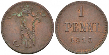 РОССИЯ ДЛЯ ФИНЛЯНДИИ 1 ПЕННИ 1915 НИКОЛАЙ II KM 13, Биткин 475 медь 261-1122
