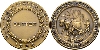 Германия, Франкфурт на Майне медаль 1958 СЕЛЬСКОХОЗЯЙСТВЕННОГО ОБЩЕСТВА Франкфурта, БРОНЗОВЫЙ ПРИЗ КОНТРОЛЯ КАЧЕСТВА ЗА СЛИВОЧНОЕ МАСЛО, диаметр 39,5 мм., DLG жёлтый металл 1066-9-31