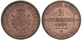Саксония 2 пфеннига 1869 В, Иоганн (1854-1873) KM 1217, Jaeger 121, AKS 155 медь 75-814