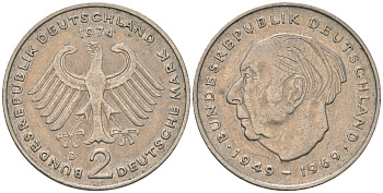 ФРГ 2 марки 1974 D, Теодор Хойс, 20 лет Федеративной Республике KM A127 медно-никель 4565-524