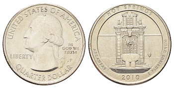 США 25 центов (квотер, 1/4 доллара) 2010 P, Квотеры «Парки США» - Национальный парк Хот-Спрингс KM 469 медь плакированная медно-никелем UNC 4666-922