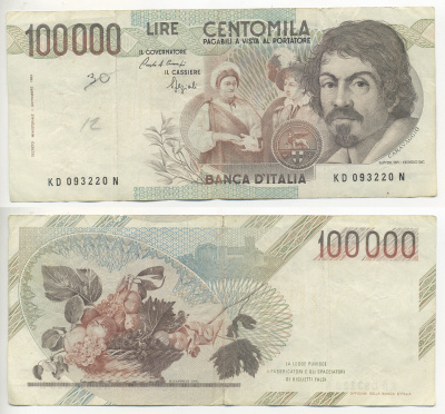 Италия 100000 лир 1983 Караваджо, фруктовый букет, подпись Stevani Pick 110а бумага 7220-3-2