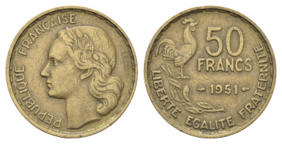 Франция 50 франков 1951  KM 918.1 алюминиевая бронза    4660-321