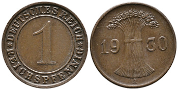 ГЕРМАНИЯ 1 РЕЙХСПФЕННИГ 1930 A KM 37, J. 313 бронза 39-1039