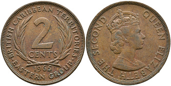 Британские Восточно-Карибские территории 2 цента 1965 Елизавета II (1952-2022) KM 3 бронза 4531-1243