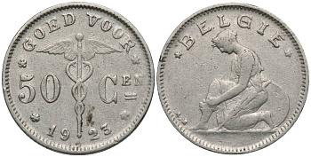 БЕЛЬГИЯ 50 САНТИМОВ 1923 BELGIE, АЛЬБЕРТ I (1909-1934) KM 88 никель 27-116