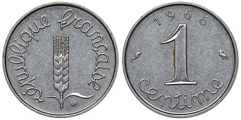 Франция 1 сантим 1966 пятая республика KM 928, Le Franc 106.12 нержавеющая сталь 4124-366