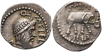 Римская Республика денарий 47 - 46 гг. до н.э. монетарий Кв. Метелл Пий Сципион, Q METEL PIVS, голова Юпитера в венке / SCIPIO IMP, слон, походный монетный двор в Африке, 3,42 гр Cr. 459/1; Syd. 1046 серебро 10-020-68