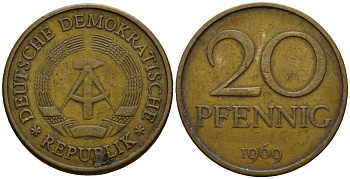 ГДР 20 пфеннигов 1969 A, первый год KM 11 латунь 4601-525