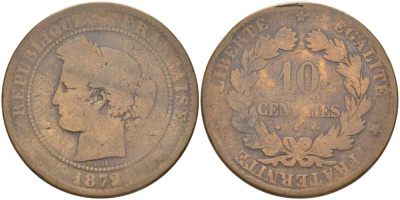 ФРАНЦИЯ 10 САНТИМОВ 1872 А, ТРЕТЬЯ РЕСПУБЛИКА (1871-1940) KM 815.1, LE FRANC 135.8 бронза 109-1114