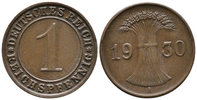 ГЕРМАНИЯ 1 РЕЙХСПФЕННИГ 1930 A KM 37, J. 313 бронза 39-1039