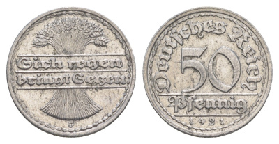 Германия 50 пфеннигов 1921 G KM 27, J. 301 алюминий 4638-1016
