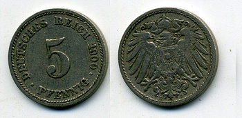 ГЕРМАНИЯ 5 ПФЕННИГОВ 1900 D, KM 11, J. 12 медно-никель 58-1115