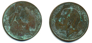 Великобритания 1 пенни 1920 Георг V (1910-1936) KM 810, Spink 4051 бронза 41-434
