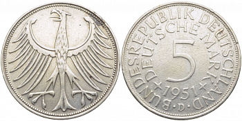 ФРГ 5 МАРОК 1951 D, KM 112.1 серебро 111-741