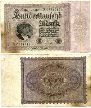 Германия 100000 марок 1923 Георг Гизе, без T под портретом, 8 цифр в номере Pick 83 a, Розенберг 82 а бумага   435-55-2-2