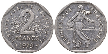 ФРАНЦИЯ 2 ФРАНКА 1979 СЕЯТЕЛЬ KM 942.1, LE FRANC 272.3 никель 83-1951