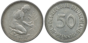 ФРГ 50 ПФЕННИГОВ 1971 F KM 109.1, J. 384 медно-никель aUNC 72-1041