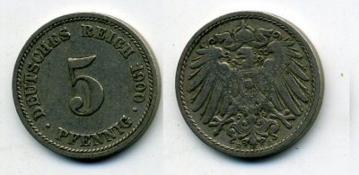 ГЕРМАНИЯ 5 ПФЕННИГОВ 1900 D, KM 11, J. 12 медно-никель 58-1115