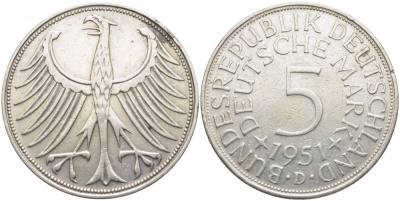 ФРГ 5 марок 1951 D, KM 112.1 серебро 111-741