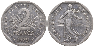 ФРАНЦИЯ 2 ФРАНКА 1979 СЕЯТЕЛЬ KM 942.1, LE FRANC 272.3 никель 83-1951