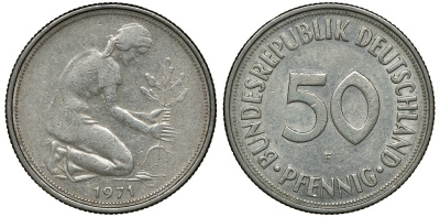 ФРГ 50 ПФЕННИГОВ 1971 F KM 109.1, J. 384 медно-никель aUNC 72-1041