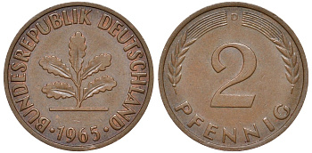 ФРГ 2 пфеннига 1965 D KM 106, J.381 бронза 4174-455