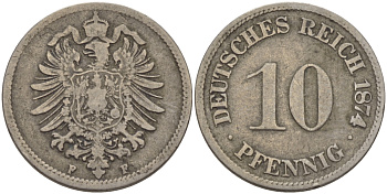 ГЕРМАНИЯ 10 ПФЕННИГОВ 1874 F, СТАРОГЕРБОВКА KM 4, J.4 медно-никель 28-433