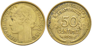 ФРАНЦИЯ 50 САНТИМОВ 1931 ТИП MORLON KM 894.1, LE FRANC 192.3 алюминиевая бронза 201-854