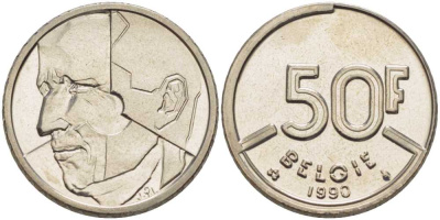 БЕЛЬГИЯ 50 ФРАНКОВ 1990 BELGIE, БОДУЭН I (1951-1993) KM 169 никель 4384-1237