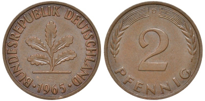 ФРГ 2 пфеннига 1965 D KM 106, J.381 бронза 4174-455
