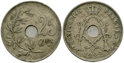 Бельгия 25 сантимов 1922 Belgie KM 69 медно-никель 4165-844