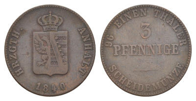 Ангальт-Бернбург 3 пфеннига 1840 Александр Карл (1834-1863) KM 92, AKS 25, J. 61 медь 4619-111