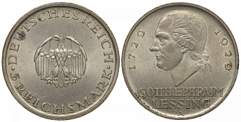 Германия 5 марок 1929 A, 200 лет со дня рождения Лессинга J. 336, КМ 61 серебро aUNC 00-804-01